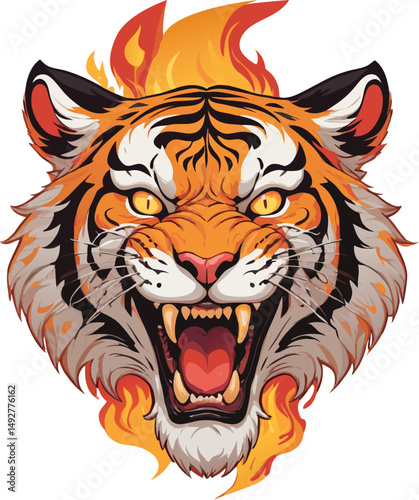 Tiger head on fire vector art illustration