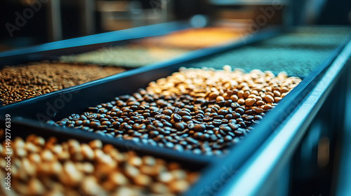 Roasted Coffee Beans Sorting Process Industrial Production Line tan bar food dark cafe drink brown  