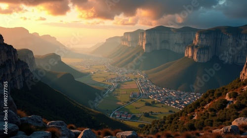 Pena Sagra captured from the sky at dawn beneath cloudy skies, with soft light over rugged mountain peaks.