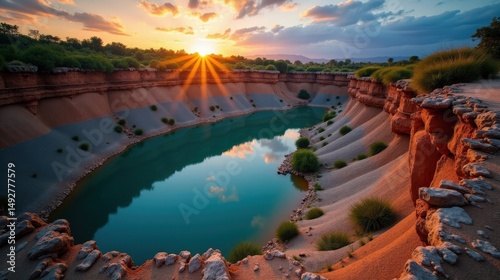 Cloudy dawn over Fuentona Spring, captured from above, showcasing the peaceful and remote natural setting.