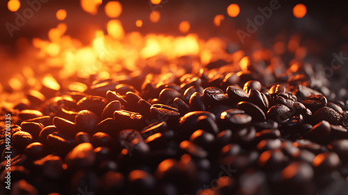 Roasted Coffee Beans Glowing Warm Intense Dark Rich Aroma Background up hot food cafe fire life     