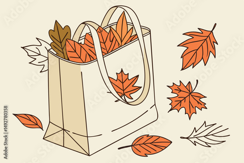 6 5k, highly detailed, high resolution, realistic, volumetric lighting, octane render, photorealistic, autumn leaves, canvas tote bag, still life, nature, cozy, warm, earthy tones, vibrant colors, arr