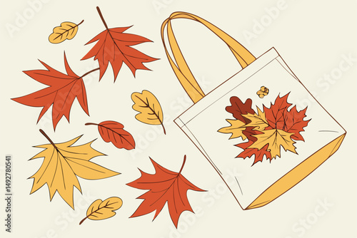 6 5k, highly detailed, high resolution, realistic, volumetric lighting, octane render, photorealistic, autumn leaves, canvas tote bag, still life, nature, cozy, warm, earthy tones, vibrant colors, arr