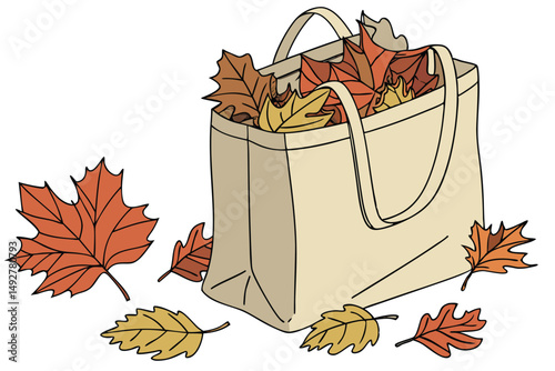 6 5k, highly detailed, high resolution, realistic, volumetric lighting, octane render, photorealistic, autumn leaves, canvas tote bag, still life, nature, cozy, warm, earthy tones, vibrant colors, arr