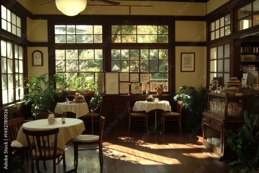 Obraz premium Cozy Cafe Interior with Warm Natural Light, Wooden Furniture, and Potted Plants, Offering an Inviting Atmosphere for Relaxation and Socializing in a Charming Setting
