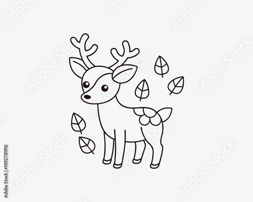 deer in a forest scene with falling leaves line art illustration for coloring design