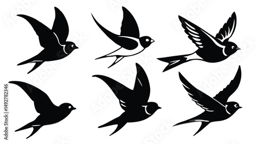 Set of Decorative Swallow Bird Silhouettes Flying, Tattoo Design Elements, Black and White Graphic Art.