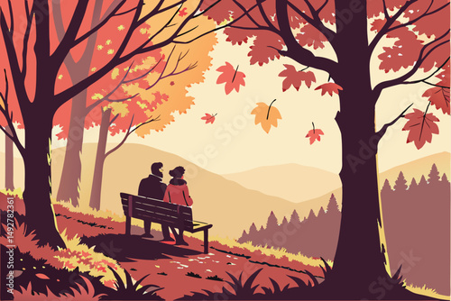 7 detailed digital painting, couple sitting on bench in mysterious forest, romantic atmosphere, sunset lighting, autumn leaves, soft focus, cinematic, highly detailed, digital art