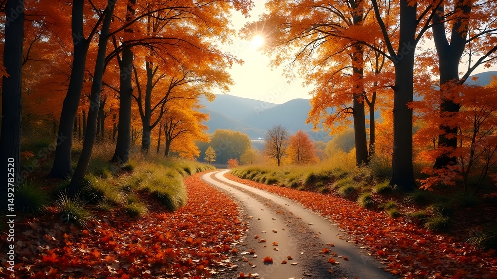 Fototapeta premium Scenic Country Road in Autumn with Vibrant Fall Colors and Foliage on a Sunny Day 
