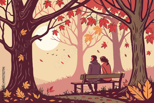 7 detailed digital painting, couple sitting on bench in mysterious forest, romantic atmosphere, sunset lighting, autumn leaves, soft focus, cinematic, highly detailed, digital art