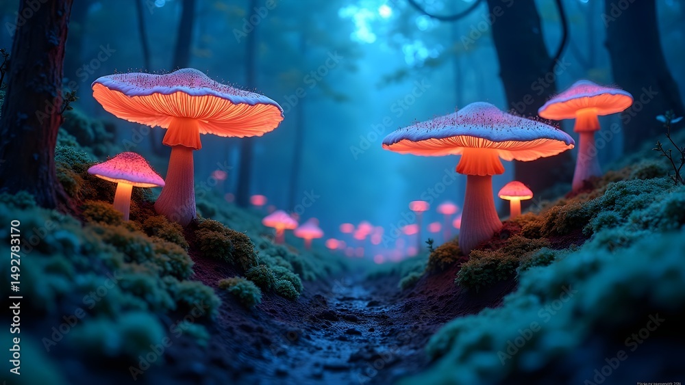 Fototapeta premium Enchanted Forest with Glowing Mushrooms at Twilight: Luminous Fungi in a Mystical Woodland