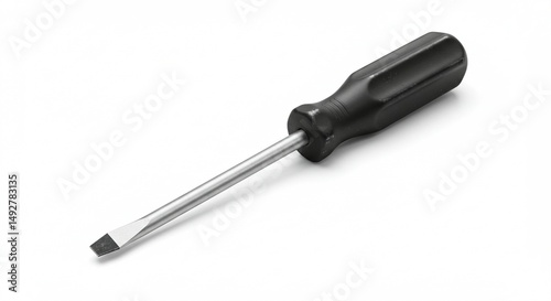 A single flathead screwdriver isolated on a white background, realistic lighting, sharp focus, product photography style