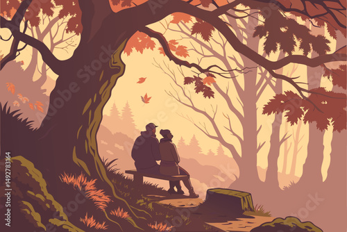 7 detailed digital painting, couple sitting on bench in mysterious forest, romantic atmosphere, sunset lighting, autumn leaves, soft focus, cinematic, highly detailed, digital art