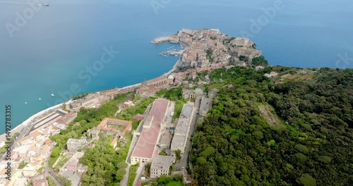 Aerial view of the historic center of the town of Gaeta, overlooking the Mediterranean Sea. It is a famous tourist destination in the province of Latina, Lazio, Italy.