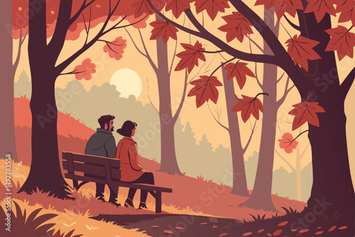 7 detailed digital painting, couple sitting on bench in mysterious forest, romantic atmosphere, sunset lighting, autumn leaves, soft focus, cinematic, highly detailed, digital art