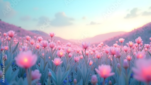 Pink Flowers Field Landscape: Floral Meadow at Sunrise