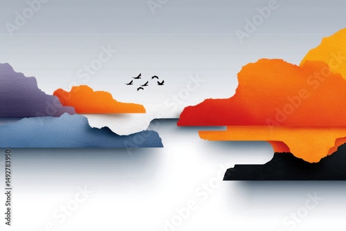 Colorful abstract landscape with layered clouds and birds flying at dawn or dusk in creative paper design