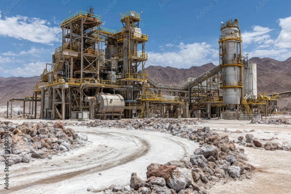 Obraz premium Industrial Processing Plant Exterior View in Desert Landscape Under Blue Sky; Mining Facility with Complex Piping and Structures in Arid Environment
