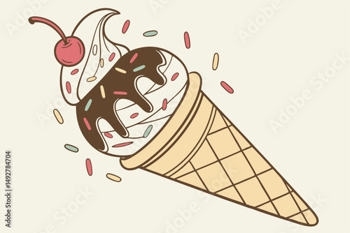 8 ice cream, ice cream sundae, chocolate, cherry, sprinkles, waffle cone, sweet treat, soft serve, dessert, pastel colors, retro style, colorful, whimsical, photorealistic