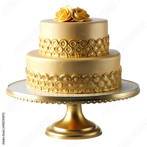Elegant TwoTiered Gold Wedding Cake isolated on transparent background