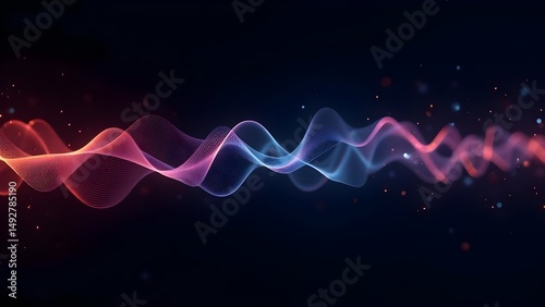 Abstract Digital Wave Background with Glowing Particles in Red, Pink and Blue on a Dark Backdrop