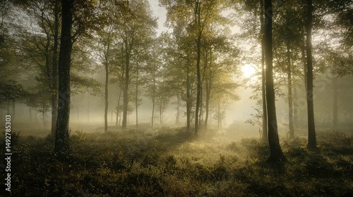 A foggy morning in a forest, with soft light piercing through the mist