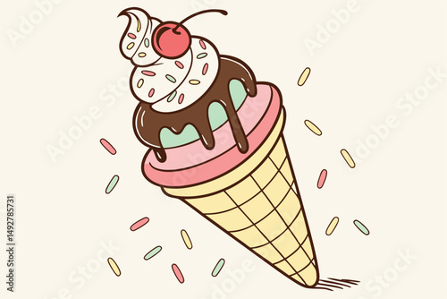 8 ice cream, ice cream sundae, chocolate, cherry, sprinkles, waffle cone, sweet treat, soft serve, dessert, pastel colors, retro style, colorful, whimsical, photorealistic