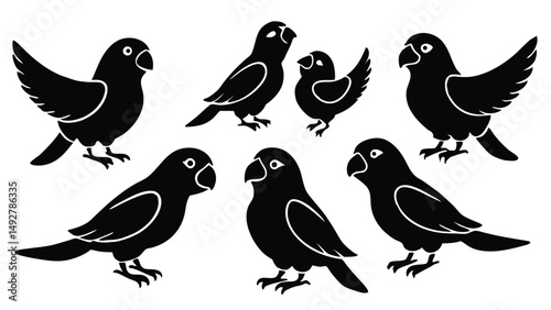 Vector Illustration of Lovebird Silhouettes, Set of Exotic Bird Icons, Tropical Bird Collection, Isolated on White Background.