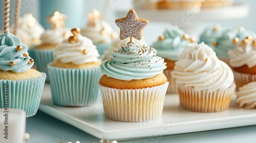 realistic detail of cupcake toppers in various shapes, glitter coating visible, stuck into pastel frosted cupcakes on tray, studio lighting