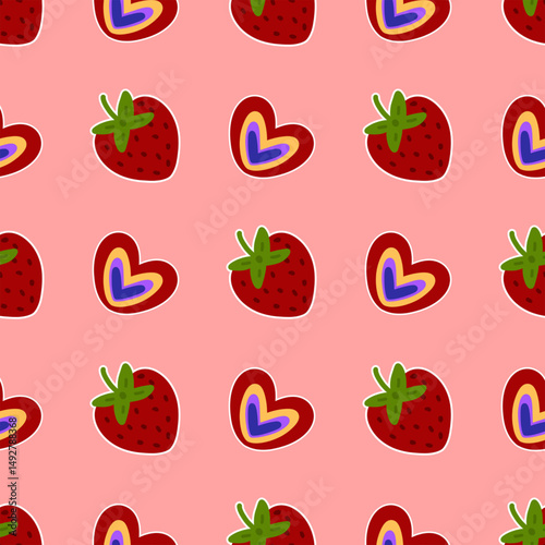 This image features soft and sweet pastel colorsThis vector image features a soft and sweet pastel pink backgroundcartoon style decorated with adorable cartoon style strawberriesbright red berries and