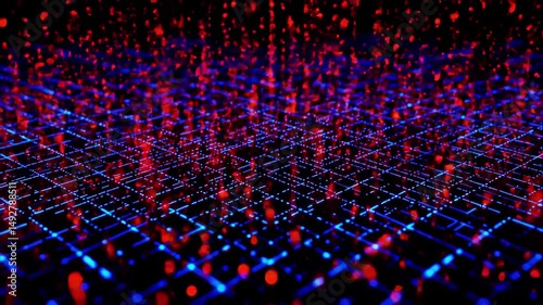 Digital Grid with Falling Red Particles – Seamless Loop

