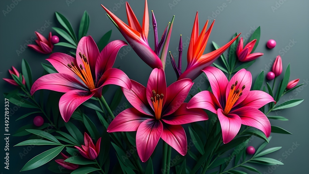 Fototapeta premium Elegant still life featuring pink lilies and bird of paradise flowers on a dark background. Floral arrangement