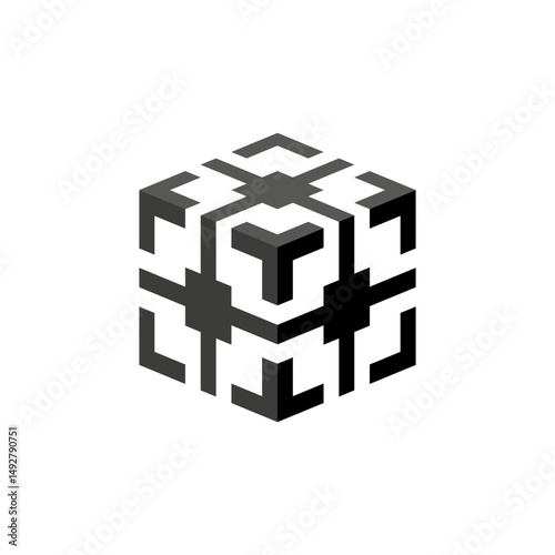 Cube logo isometric geometric modular structure shape, symbol of complex simplicity, reliable construction and innovation on white background.