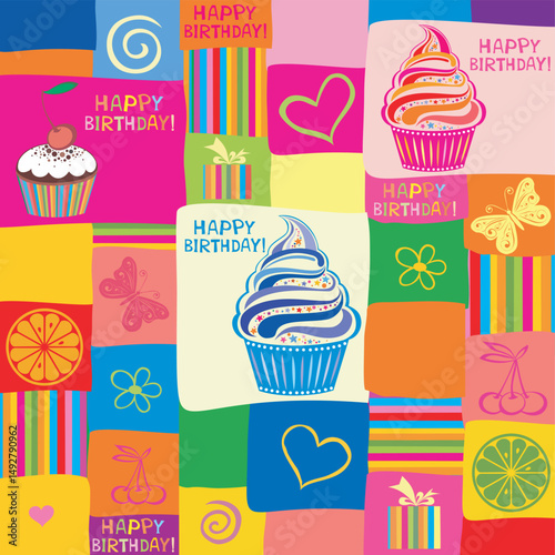 Cupcake seamless pattern. Menu design. Seamless pattern with cupcakes.  Good for textile fabric design, wrapping paper, website wallpapers, textile, wallpape Vector Illustration