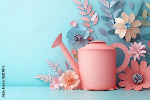 Pastel Pink Watering Can with Paper Flowers Spring Gardening Concept