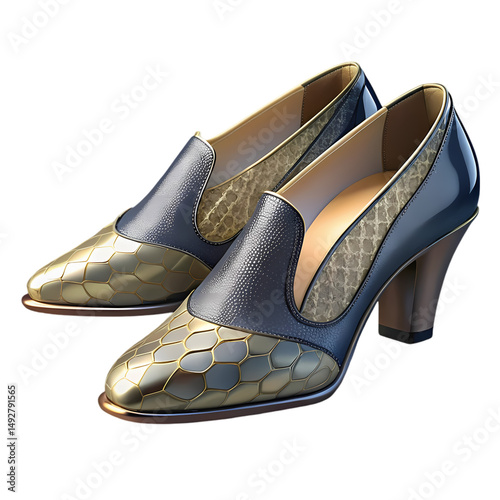 Elegant TwoTone Leather Heels A Fusion of Gold and Midnight isolated on transparent background