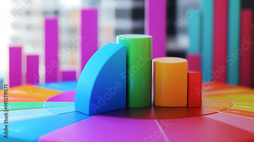 Colorful 3D Bar Chart Data Growth Business Success Report red blue pink icon graph trend green      