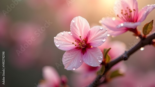Delicate Pink Blossoms with Dew: A Close-Up of Spring's Floral Beauty, Showcasing Vibrant Colors and Soft Details