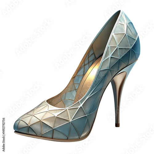 Elegant Blue and White HighHeeled Pump isolated on transparent background