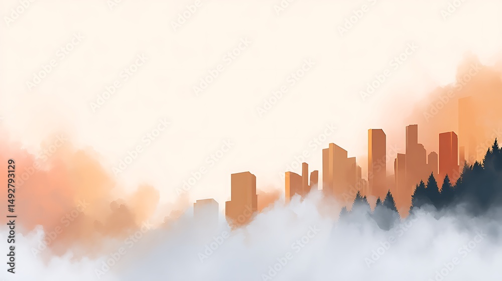 Fototapeta premium Soft Pastel Watercolor Blend in Surreal Art Style Featuring Golden Cityscape and Misty Landscape