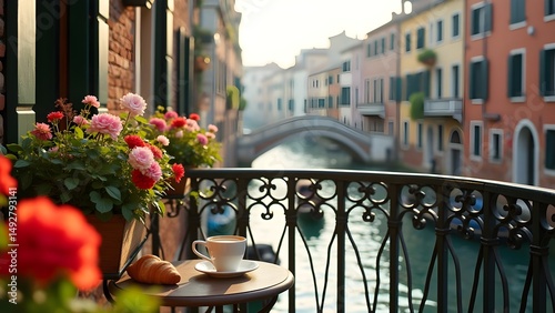 Scenic Venice Balcony View with Flowers, Coffee, and Croissant Overlooking Canal and Bridge.