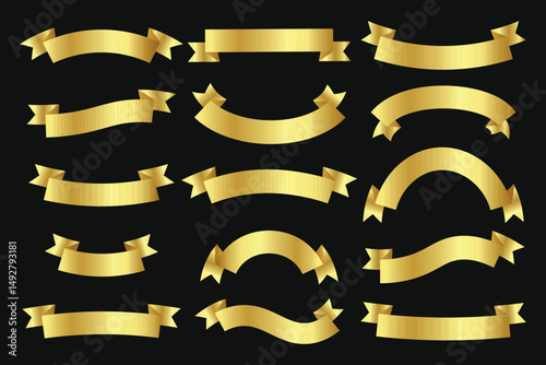Set of gold ribbon banner in different shapes set collection on black background