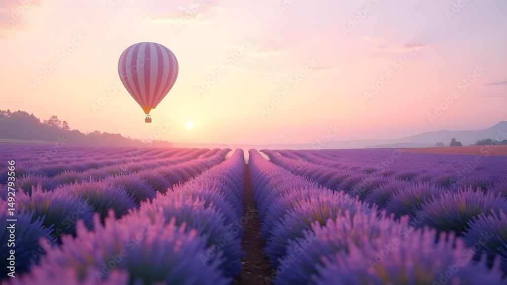Fototapeta premium Lavender Field at Sunrise with Hot Air Balloon, Scenic Landscape, Travel Destination