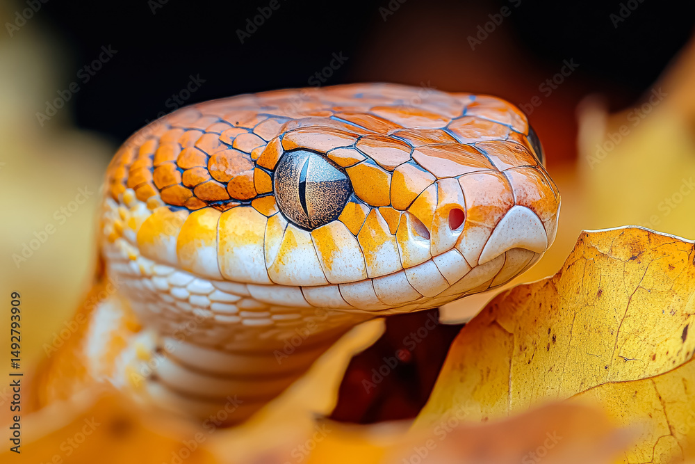 Fototapeta premium Snake is shown in a close up of its face, with its head resting on a leaf. The snake is brown and white, and its eyes are large and prominent. Concept of curiosity and intrigue