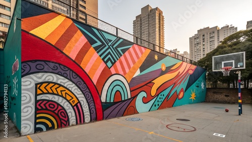 Colorful Street Art Mural Wall Graffiti Urban Basketball Court City Buildings Vibrant Abstract Design Public Art Vector Illustration