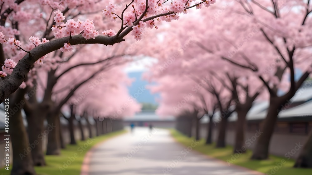 Naklejka premium Pink Cherry Blossom Tree Avenue in Spring Landscape