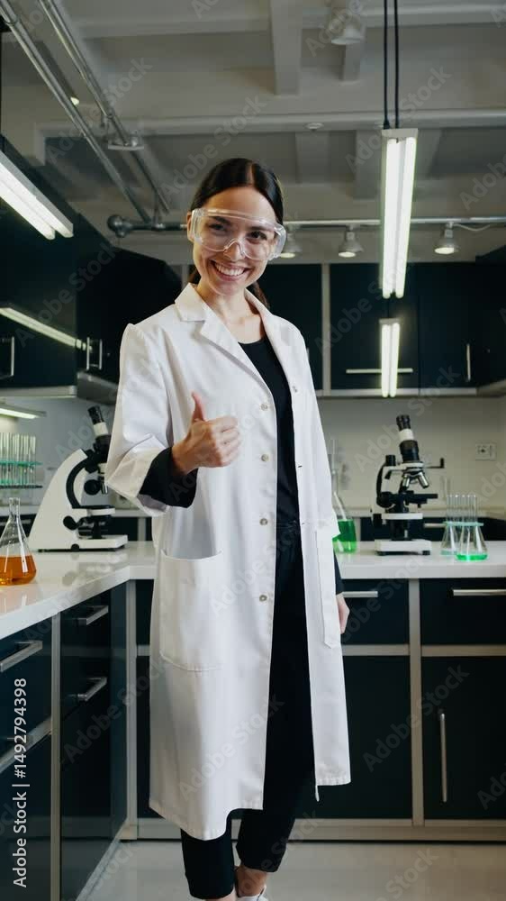 Chercheuse en blouse blanche souriante dans un laboratoire moderne, pouce levé

