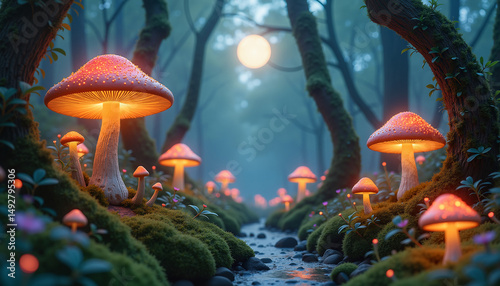 Enchanted forest with glowing mushrooms beside a tranquil stream  
