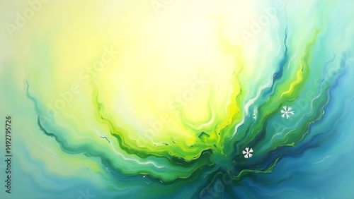 Luminous Abstract Art: A Swirling Symphony of Yellow, Green, and Blue Hues in a Modern Color Field Painting