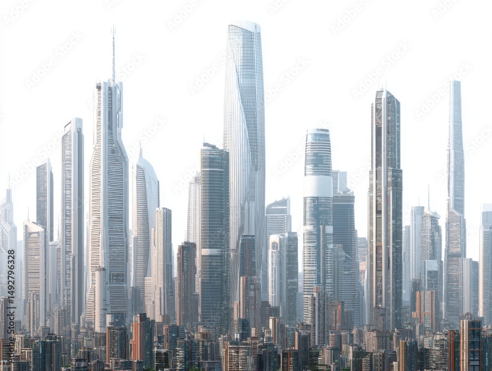 Obraz premium Futuristic cityscape with towering skyscrapers and modern architecture aerial view of an urban metropolis with innovative design